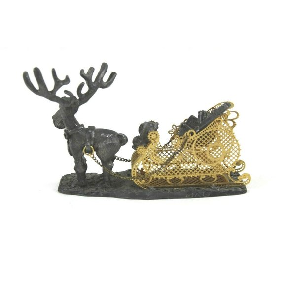 Pewter Ore Christmas Reindeer Pulling Sleigh With Puppy & Holiday Presents - Picture 4 of 7